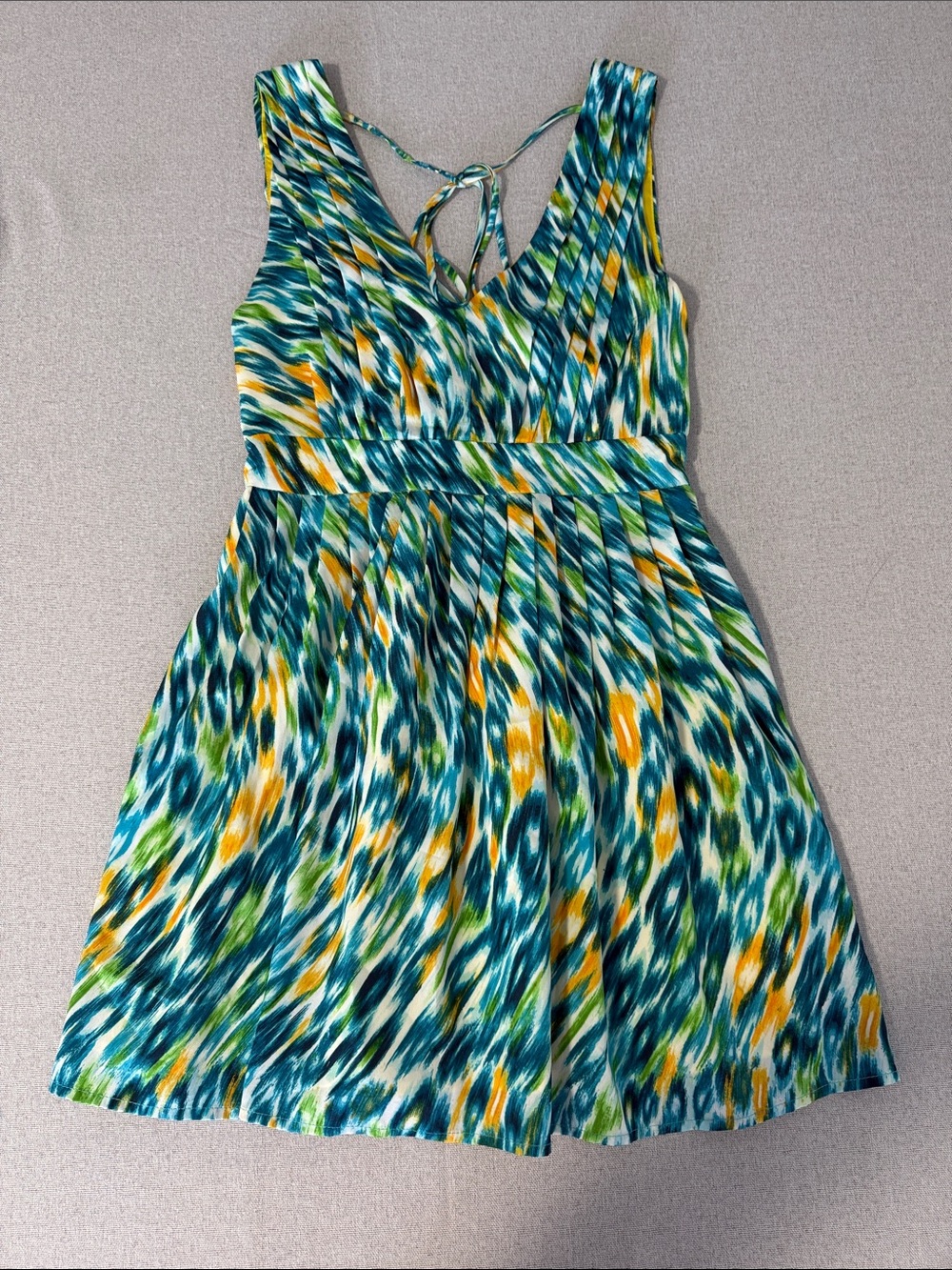 Runway Couture Sleeveless Teal & Yellow Printed V-Neck Dress SZS - Picture 15 of 15